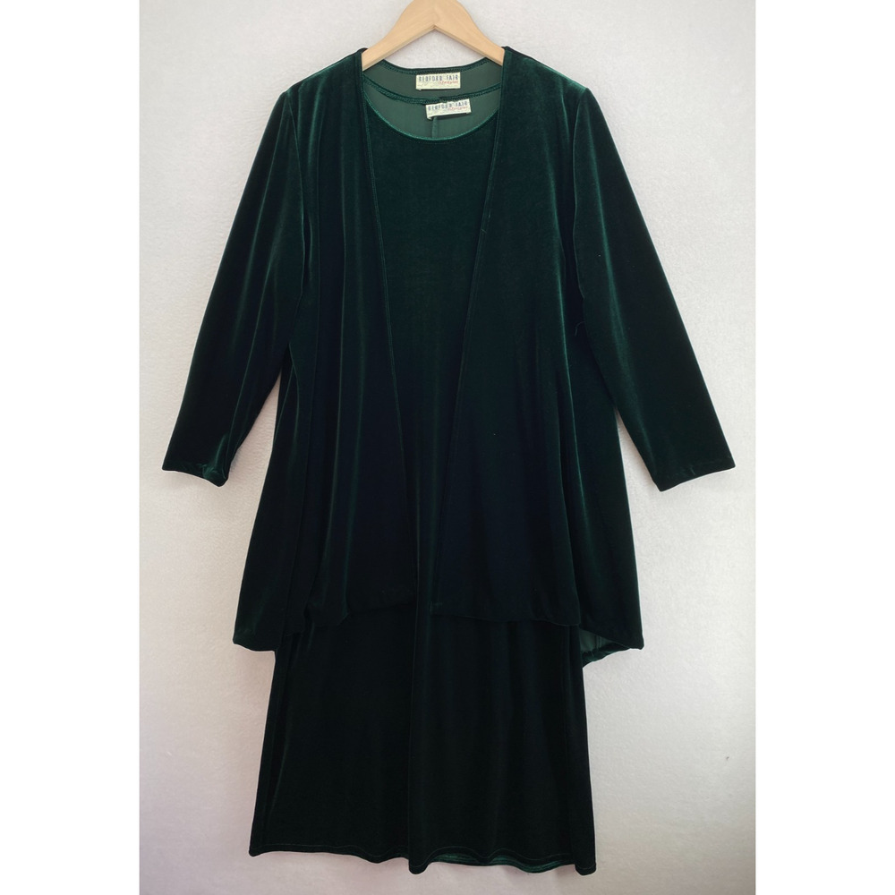 BEDFORD FAIR Dress Set L Velour Sleeveless Shift Maxi and Cardigan Green